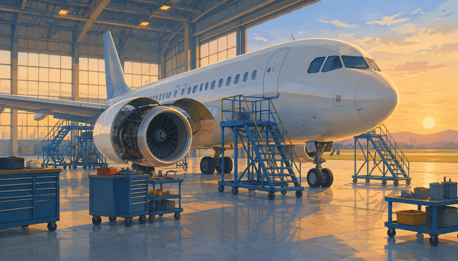 Illustration d'un avion de ligne en maintenance dans un hangar