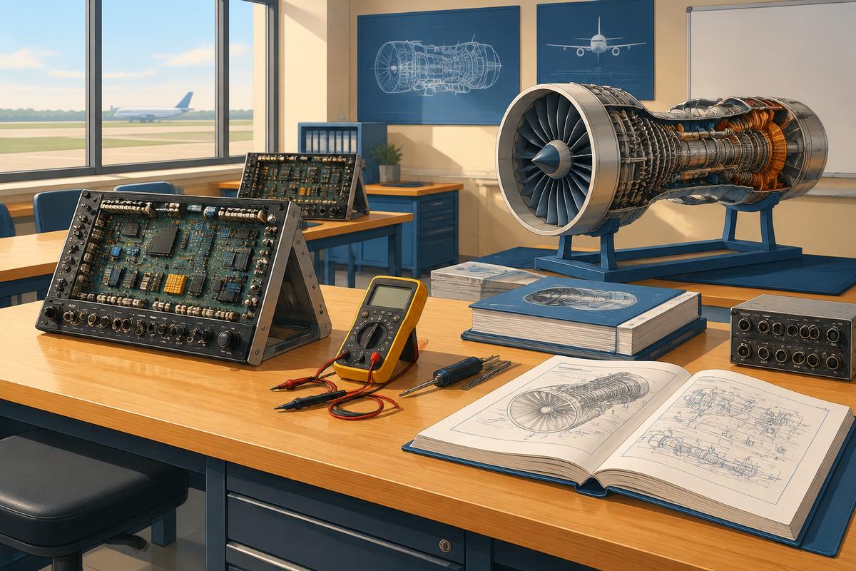 Illustration d'un atelier de formation avec bancs avioniques et maquette de moteur